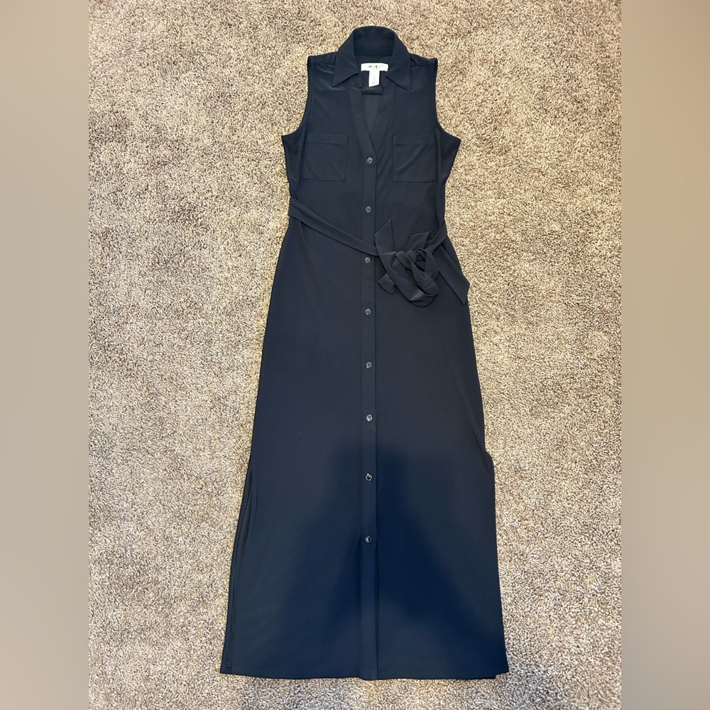 White House Black Market Sleeveless Black Button-Front Maxi Dress with Belt